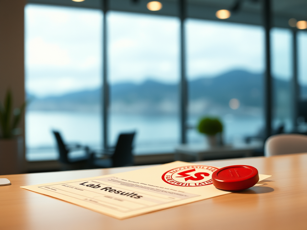 a red seal stamped on successful lab results on a modern office table with an amazing view in the background from a medium range