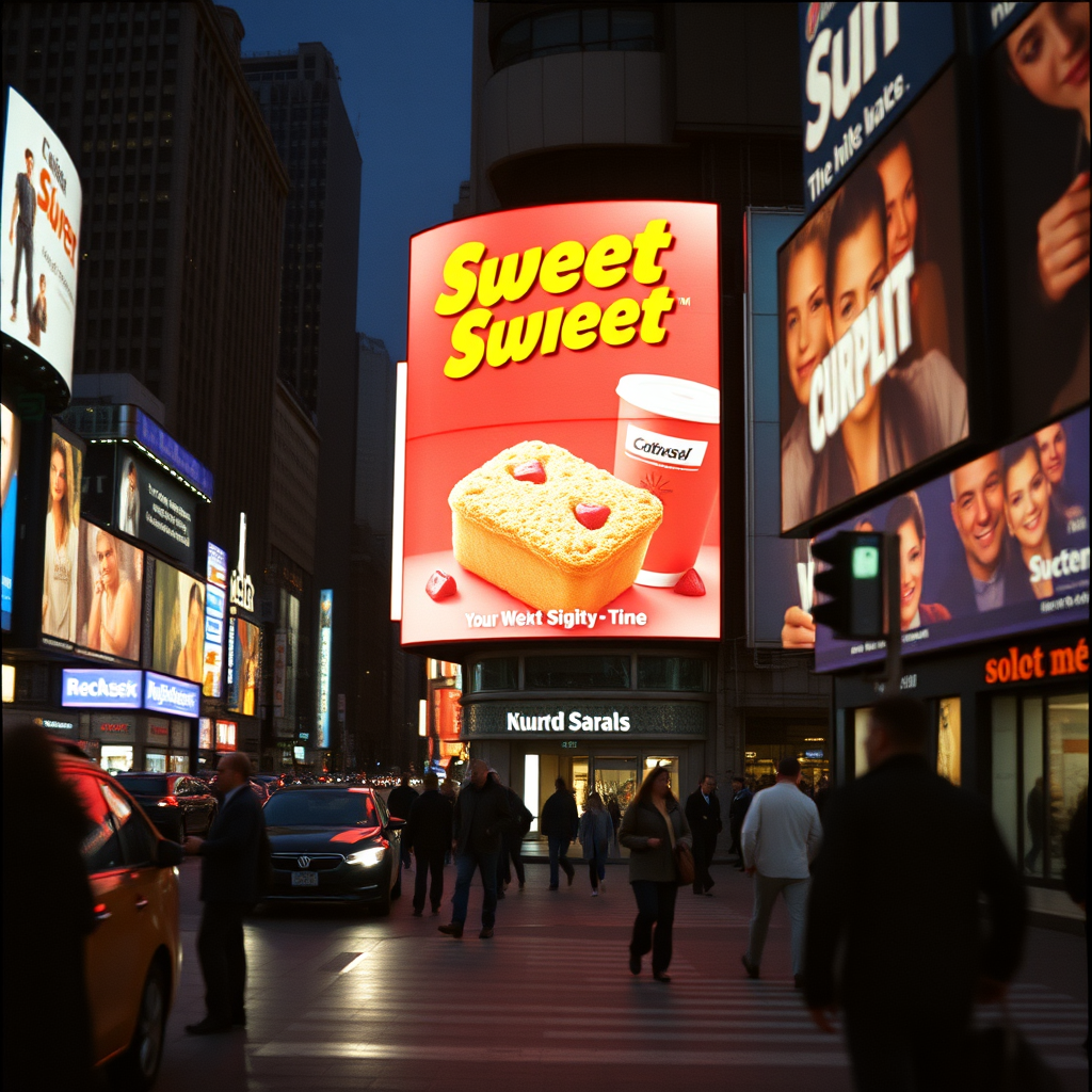 a sweet guilty pleasure being advertised on a large display in Times Square, New York City