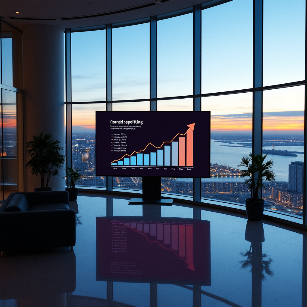 a very promising and financial growth opportunity on a very large screen in a large modern office on a very high floor with no people and large windows showing the city and the sea in the background