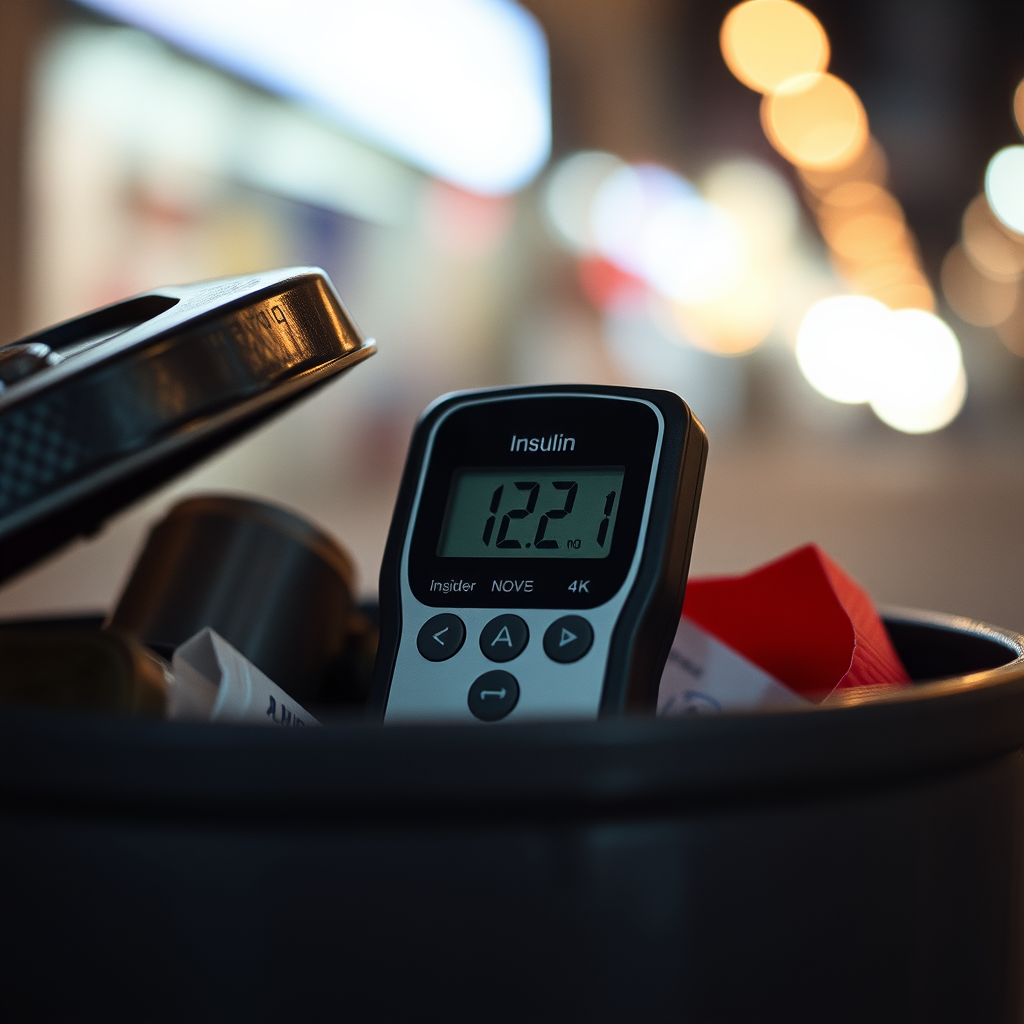 an insulin reader in a garbage can